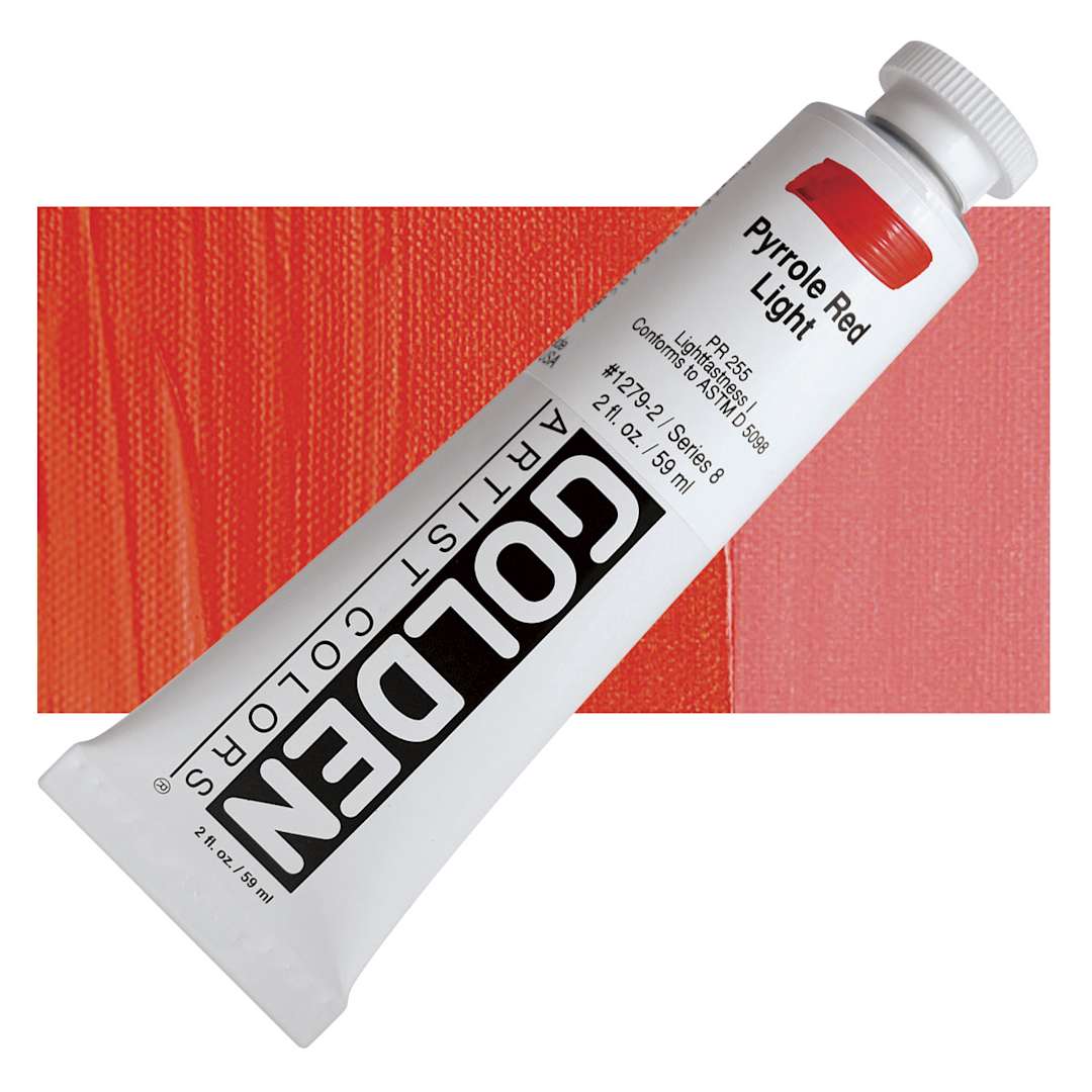 Open in modal - Golden Heavy Body Artist Acrylic - Pyrrole Red Light, 2 oz Tube and swatch