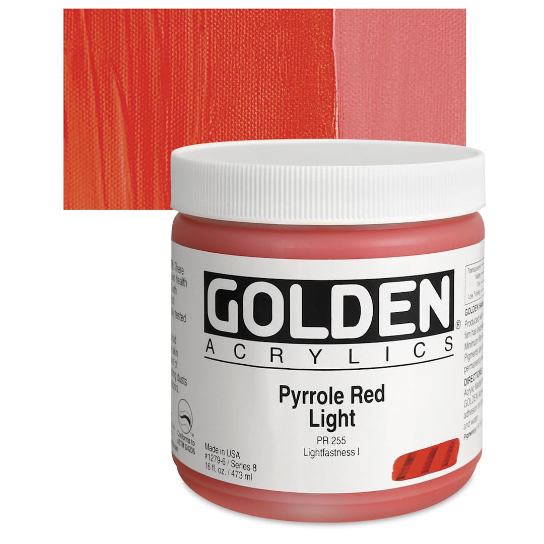 Open in modal - Golden Heavy Body Artist Acrylic - Pyrrole Red Light, 16 oz Jar and swatch