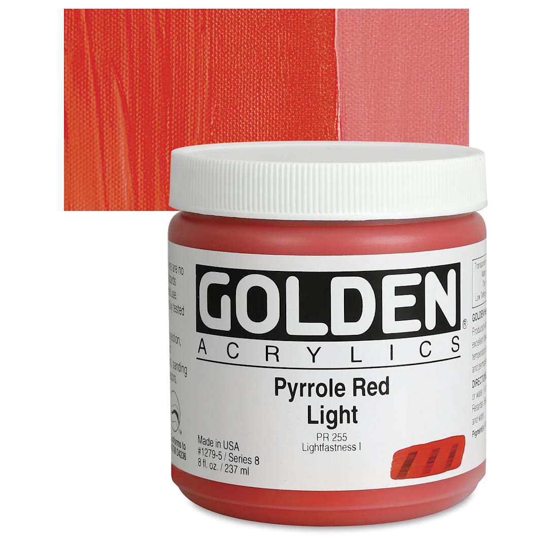 Open in modal - Golden Heavy Body Artist Acrylic - Pyrrole Red Light, 8 oz Jar and swatch