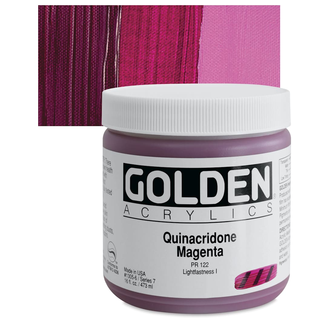 Open in modal - Golden Heavy Body Artist Acrylic - Quinacridone Magenta, 16 oz Jar and swatch