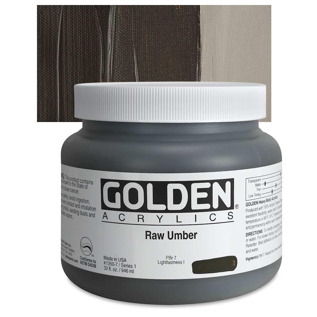 Open in modal - Golden Heavy Body Artist Acrylic - Raw Umber, 32 oz jar and swatch