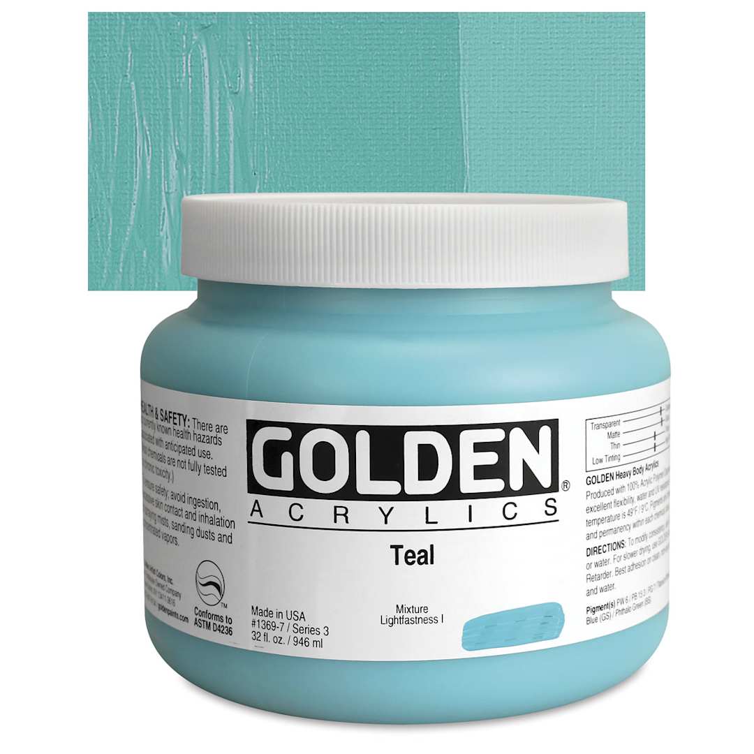 Open in modal - Golden Heavy Body Artist Acrylic - Teal, 32 oz Jar and swatch