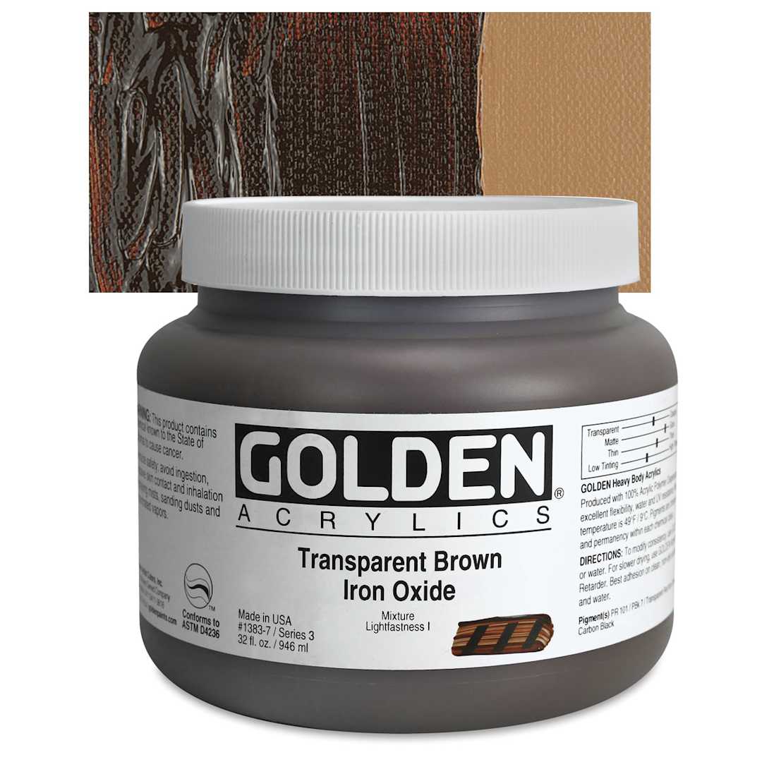 Open in modal - Golden Heavy Body Artist Acrylic - Transparent Brown Iron Oxide, 32 oz Jar and swatch