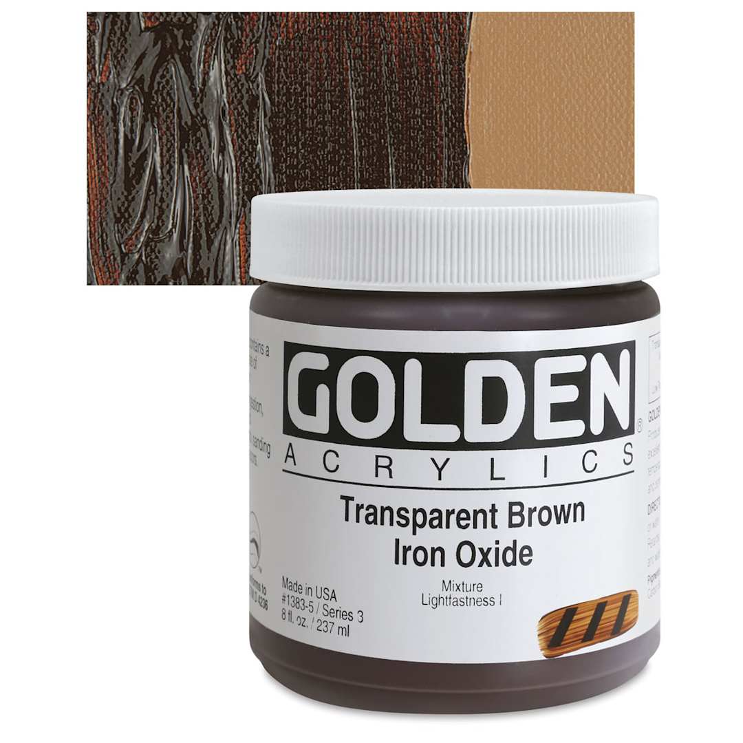 Open in modal - Golden Heavy Body Artist Acrylic - Transparent Brown Iron Oxide, 8 oz Jar and swatch
