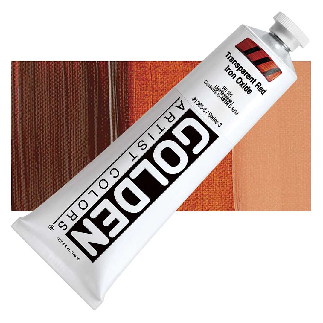 Open in modal - Golden Heavy Body Artist Acrylic - Transparent Red Iron Oxide, 5 oz tube and swatch