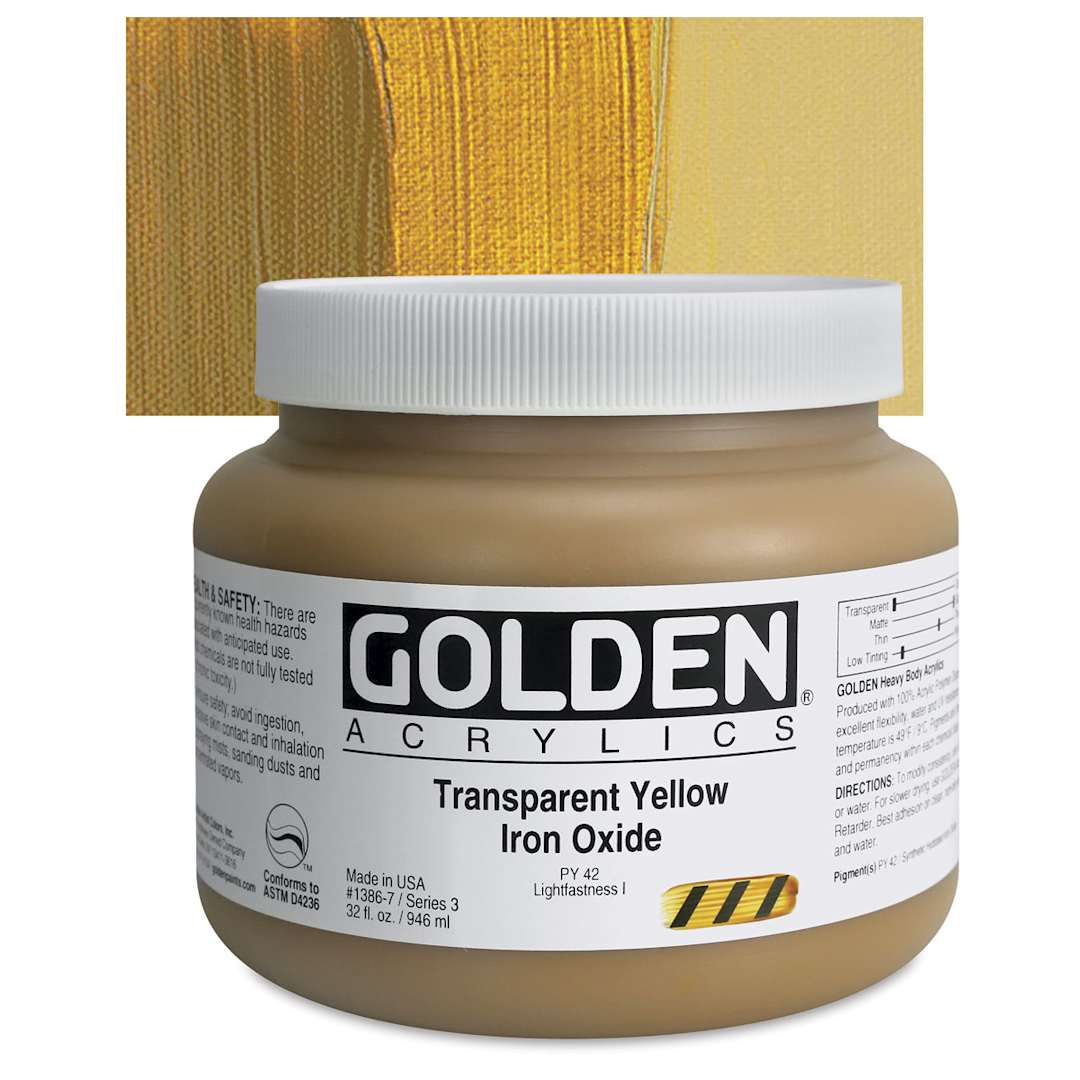 Open in modal - Golden Heavy Body Artist Acrylic - Transparent Yellow Iron Oxide, 32 oz Jar and swatch