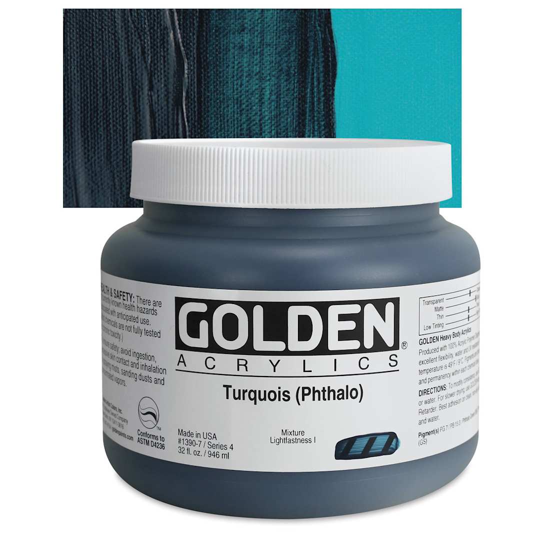 Open in modal - Golden Heavy Body Artist Acrylic - Turquoise (Phthalo), 32 oz Jar and swatch