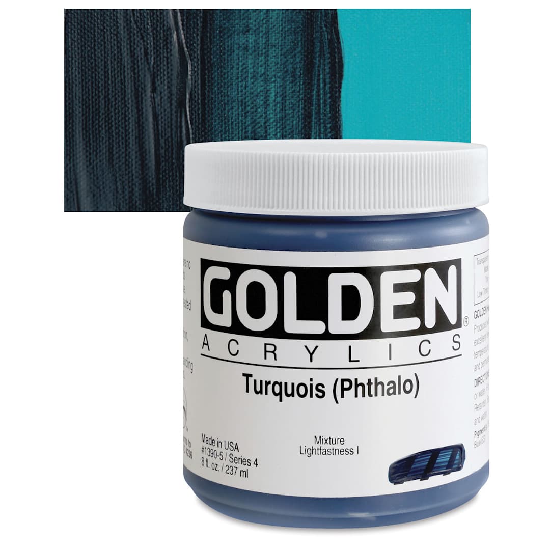 Open in modal - Golden Heavy Body Artist Acrylic - Turquoise (Phthalo), 8 oz Jar and swatch