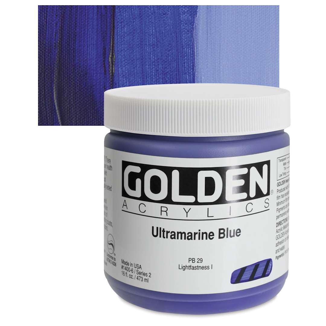 Open in modal - Golden Heavy Body Artist Acrylic - Ultramarine Blue, 16 oz Jar and swatch