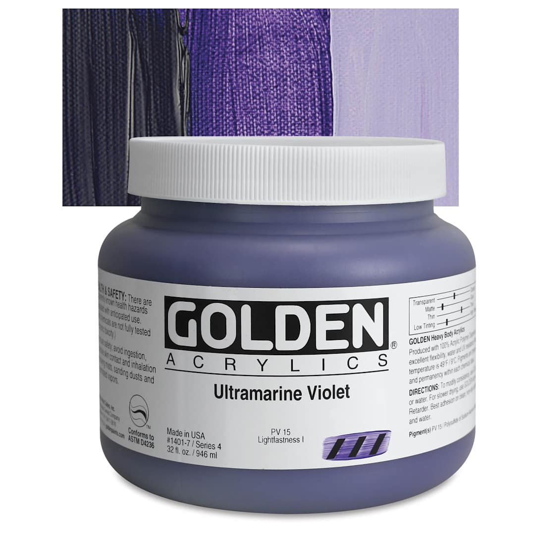 Open in modal - Golden Heavy Body Artist Acrylic - Ultramarine Violet, 32 oz jar and swatch