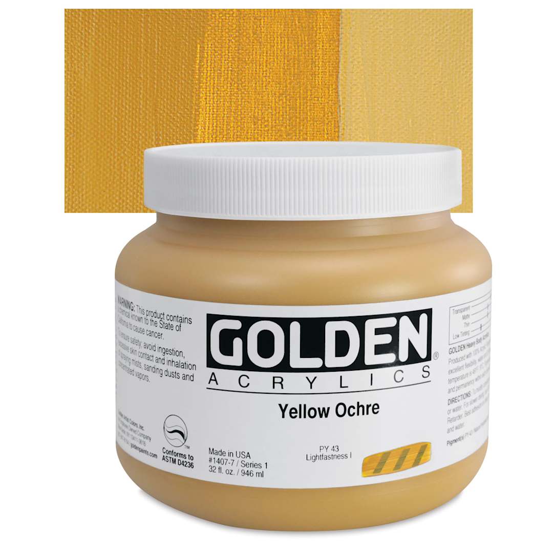 Open in modal - Golden Heavy Body Artist Acrylic - Yellow Ochre, 32 oz Jar and swatch