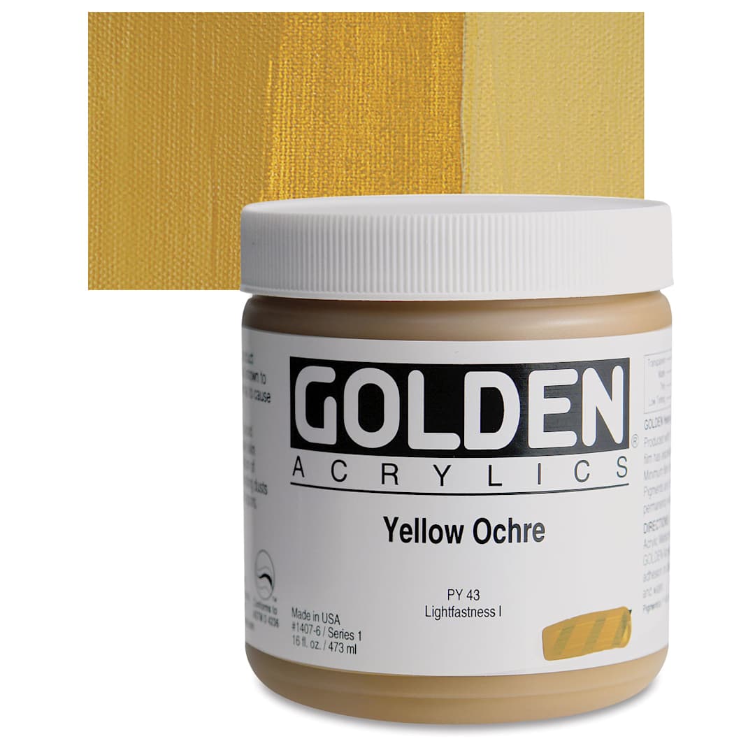 Open in modal - Golden Heavy Body Artist Acrylic - Yellow Ochre, 16 oz Jar and swatch