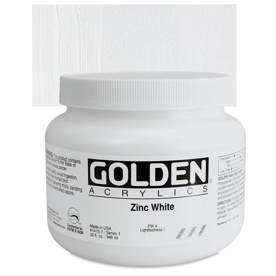 Open in modal - Golden Heavy Body Artist Acrylic - Zinc White, 32 oz Jar and swatch