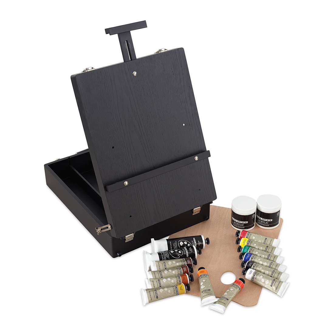 Open in modal - Blick Artist's Acrylic Paints - Easel Set, Black. Open Sketchbox Easel, paints outside of easel.