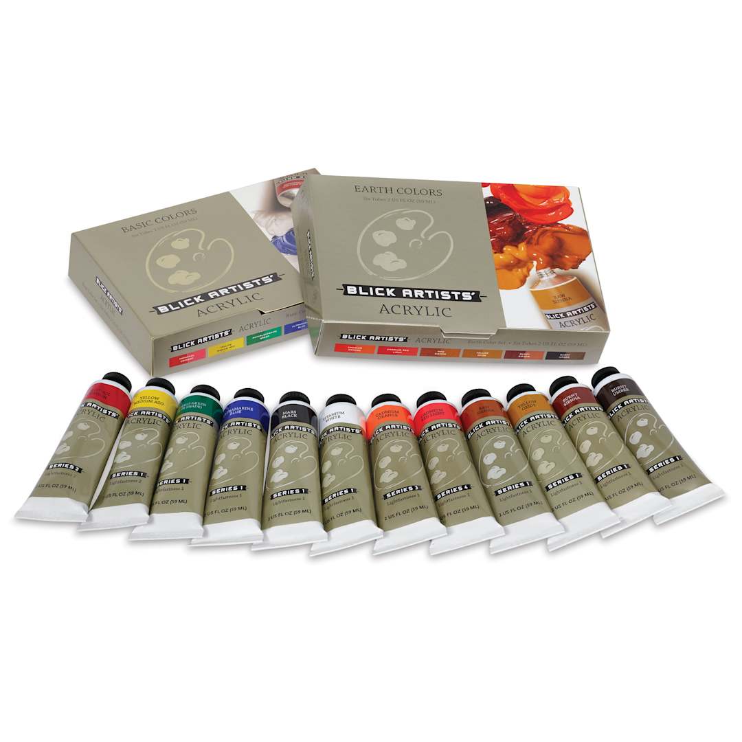 Open in modal - Blick Artists' Acrylic Set - Assorted, Set of 12 color, 2 oz tubes, tubes outside of packaging