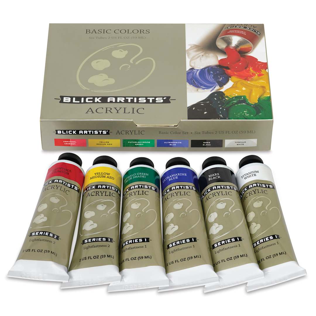 Open in modal - Blick Artists' Acrylic Set - Basic Set, Set of 6 colors, 2 oz tubes, tubes outside of packaging