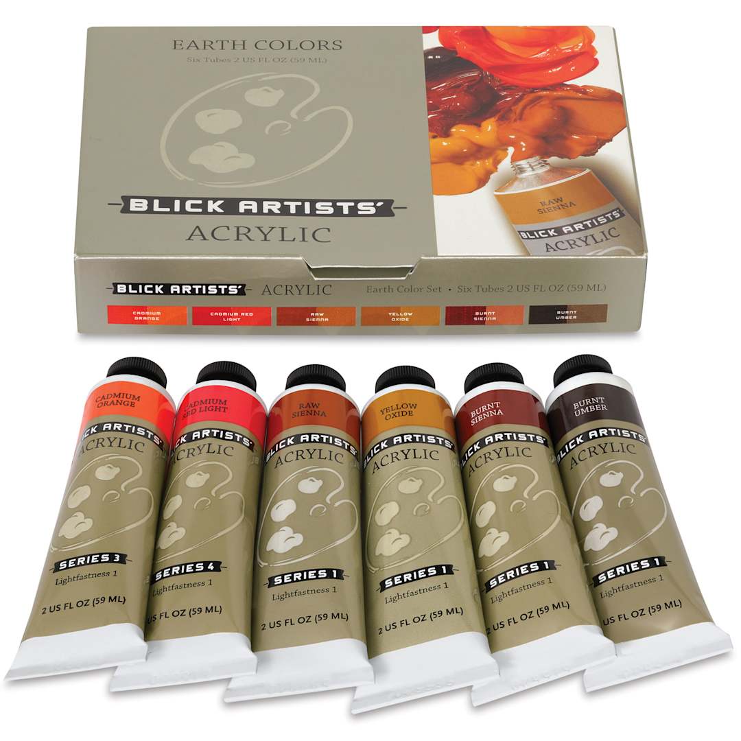 Open in modal - Blick Artists' Acrylic Set - Earth Color Set, 2 oz Tubes, tubes outside of packaging