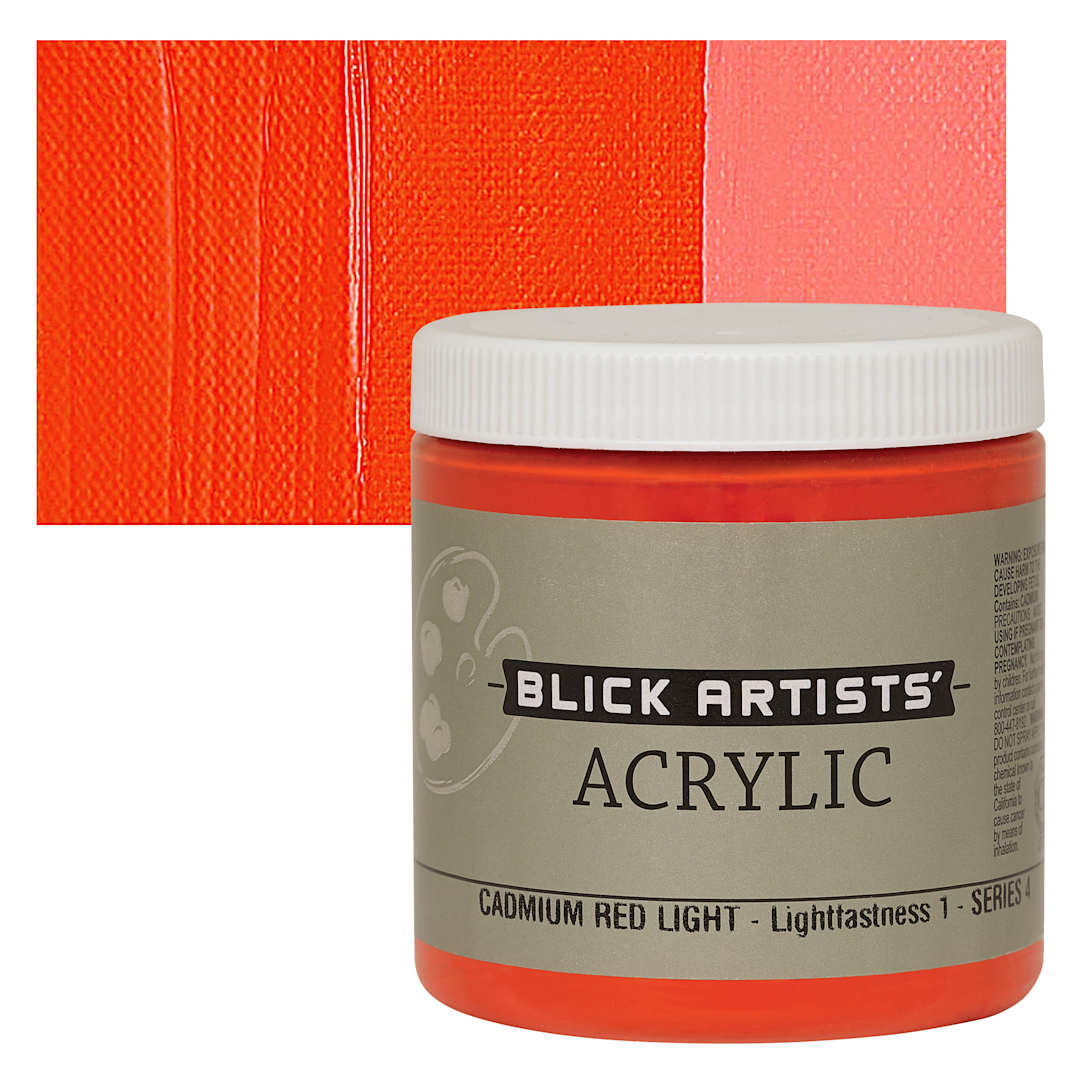 Open in modal - Blick Artists' Acrylic - Cadmium Red Light, 8 oz jar and swatch