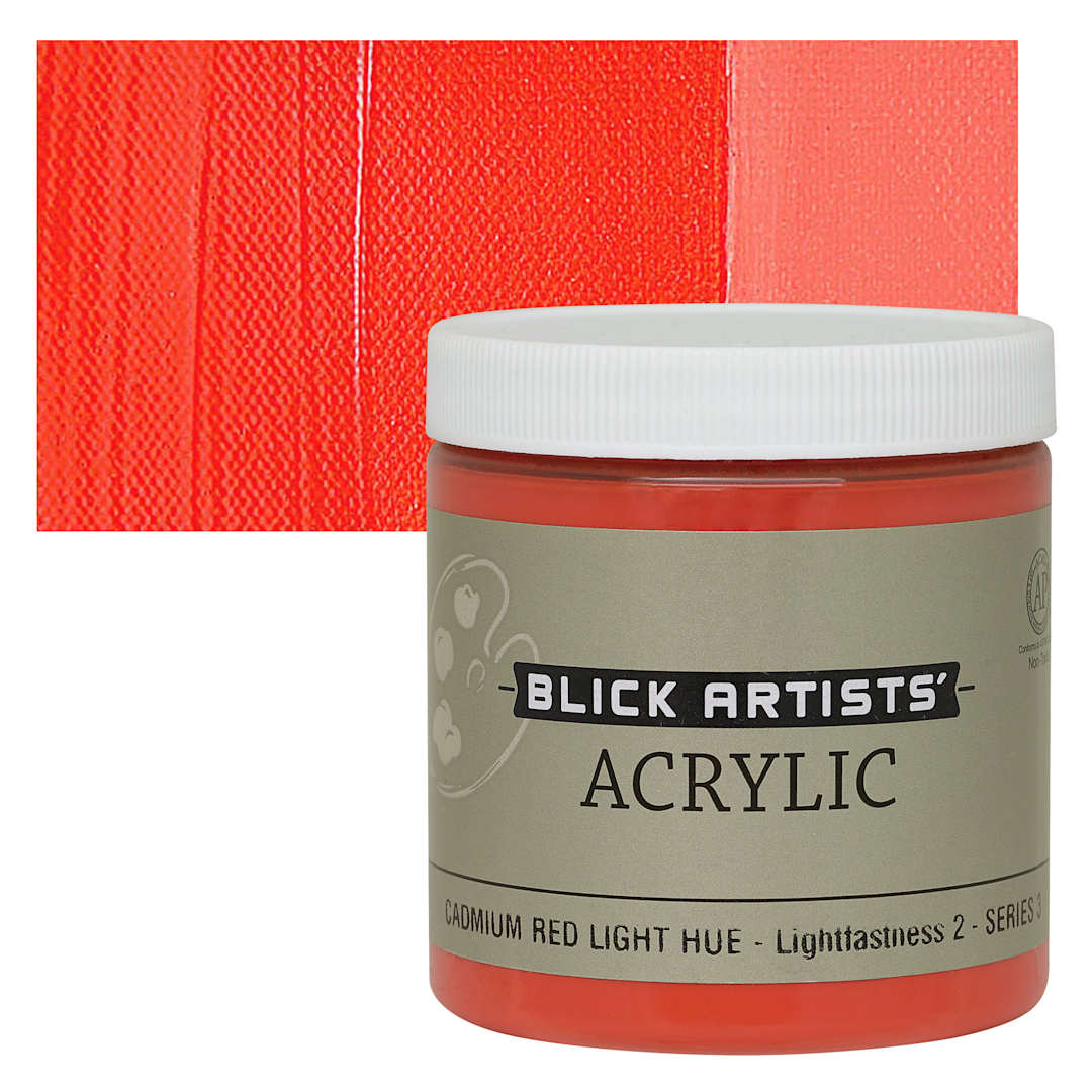 Open in modal - Blick Artists' Acrylic - Cadmium Red Light Hue, 8 oz jar and swatch