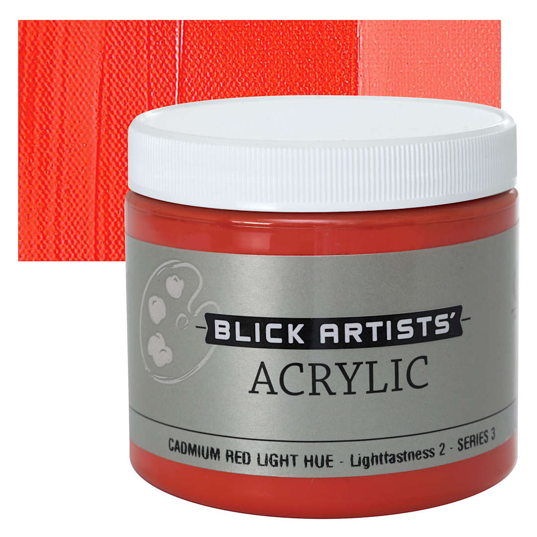 Open in modal - Blick Artists' Acrylic - Cadmium Red Light Hue, 16 oz jar and swatch