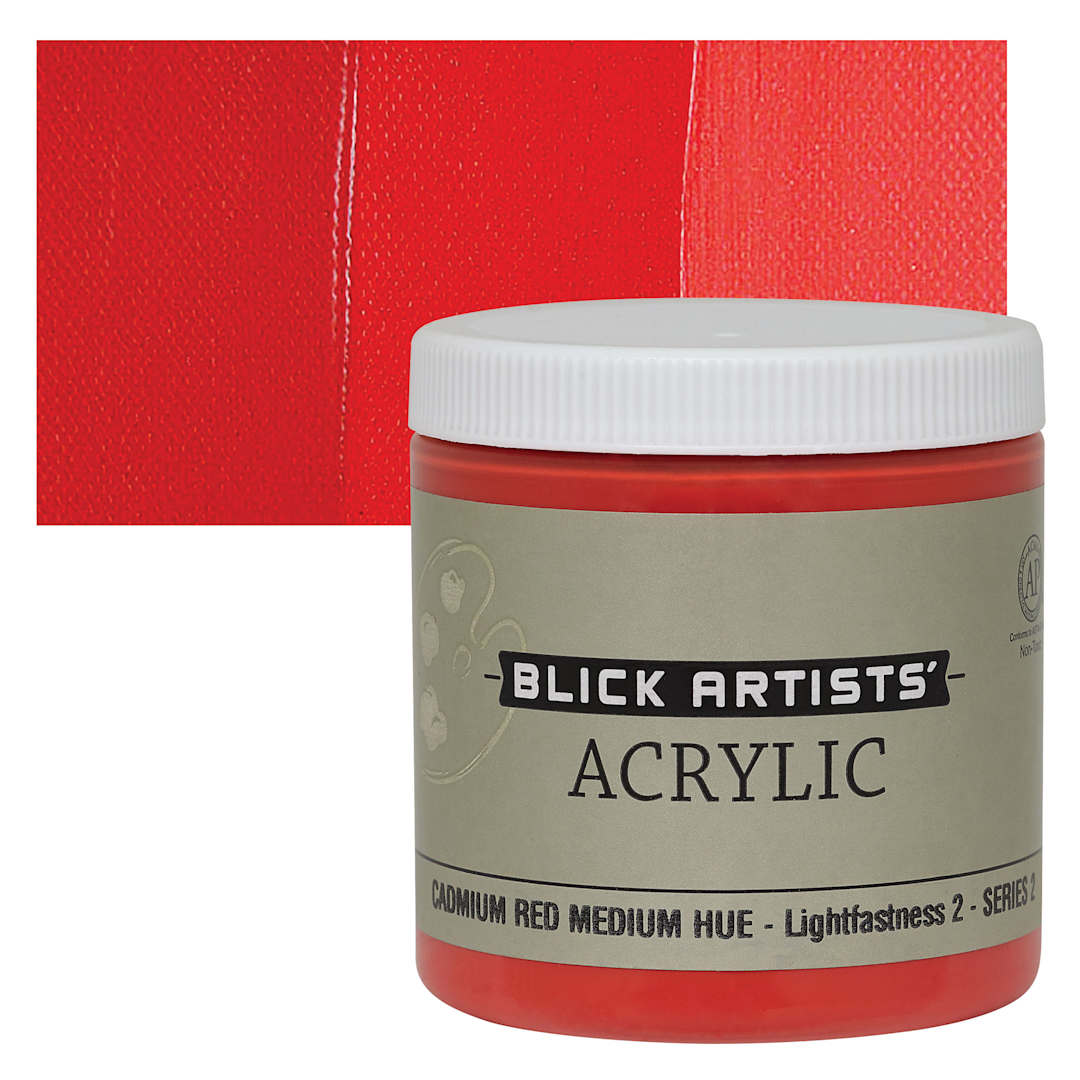 Open in modal - Blick Artists' Acrylic - Cadmium Red Medium Hue, 8 oz jar and swatch