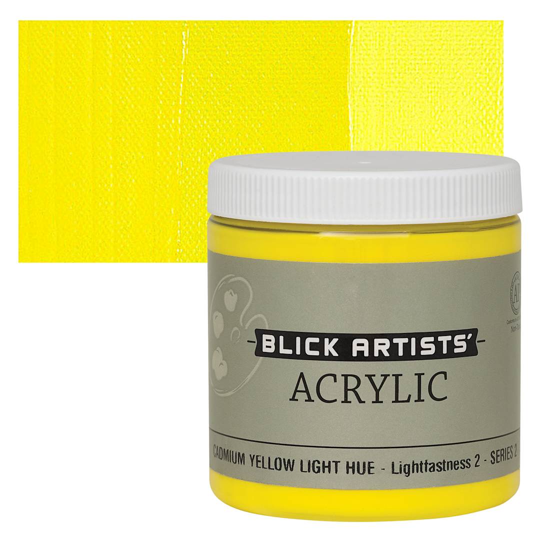 Open in modal - Blick Artists' Acrylic - Cadmium Yellow Light Hue, 8 oz jar and swatch