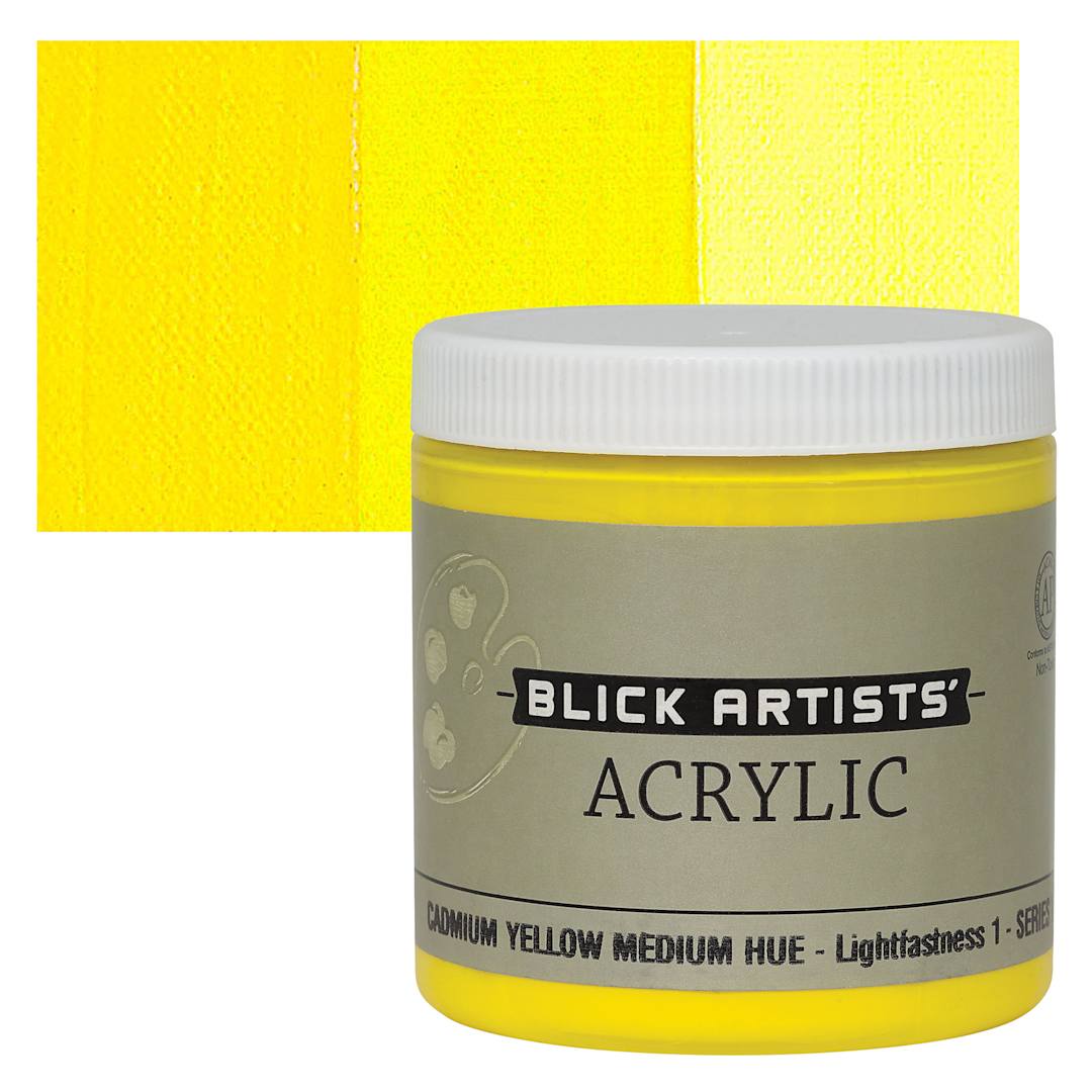 Open in modal - Blick Artists' Acrylic - Cadmium Yellow Medium Hue, 8 oz jar and swatch