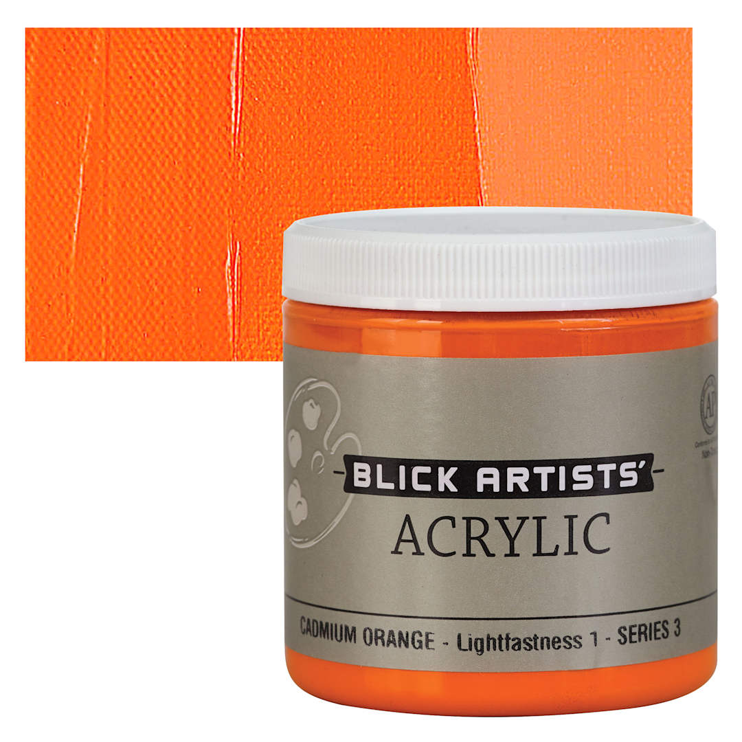Open in modal - Blick Artists' Acrylic - Cadmium Orange, 8 oz jar and swatch
