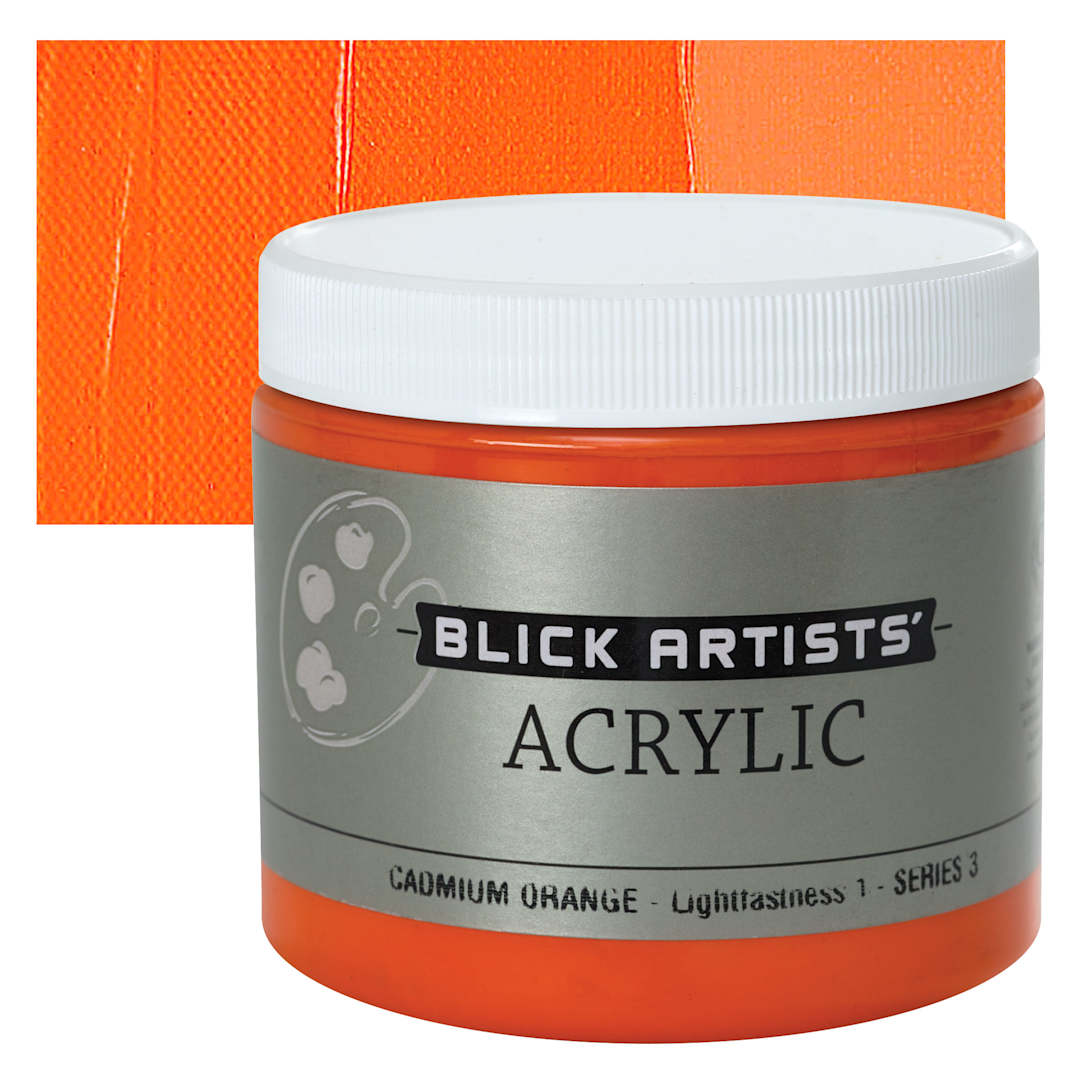 Open in modal - Blick Artists' Acrylic - Cadmium Orange, 16 oz jar and swatch