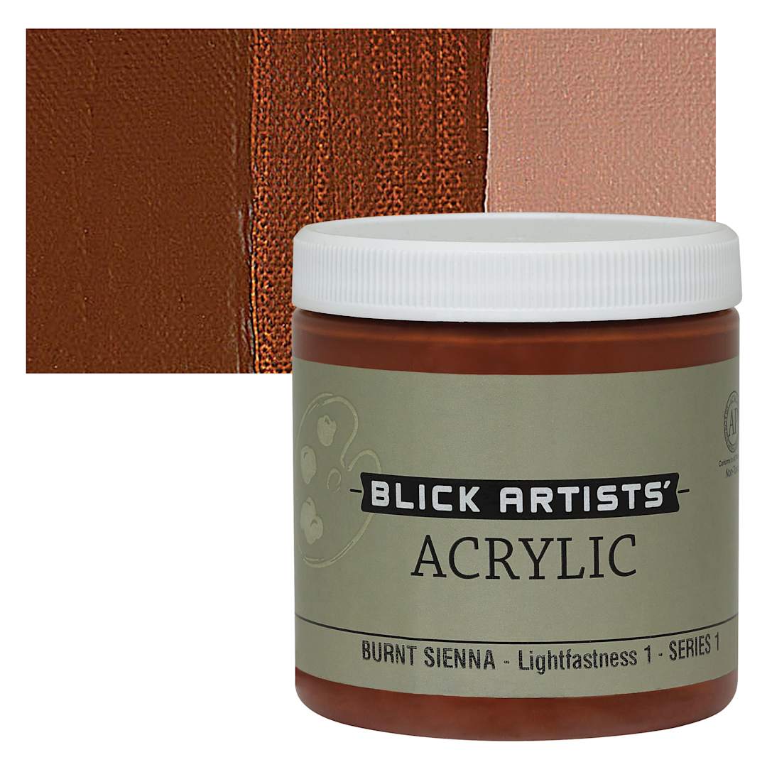 Open in modal - Blick Artists' Acrylic - Burnt Sienna, 8 oz jar and swatch