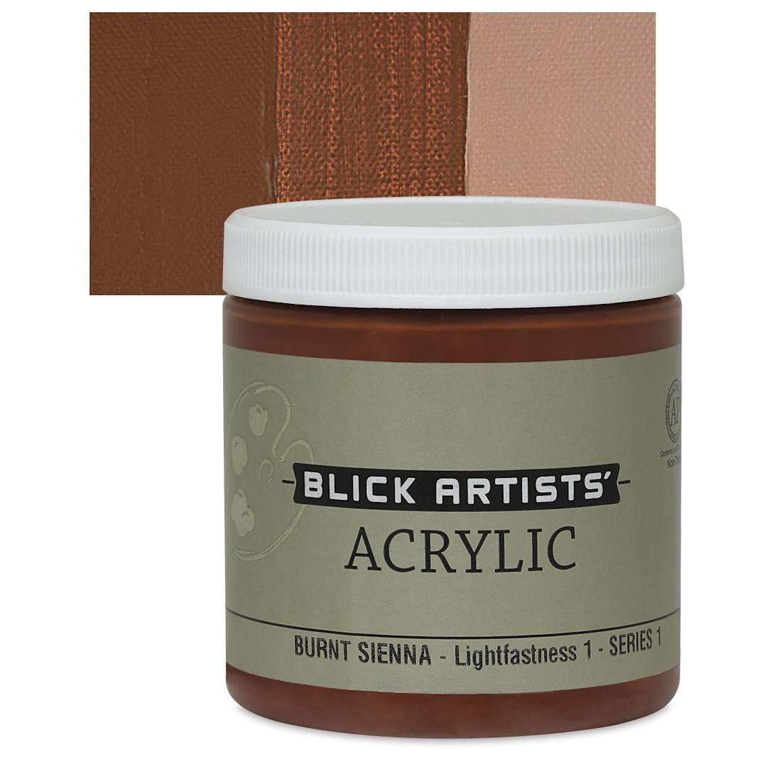 Open in modal - Blick Artists' Acrylic - Burnt Sienna, 8 oz jar and swatch