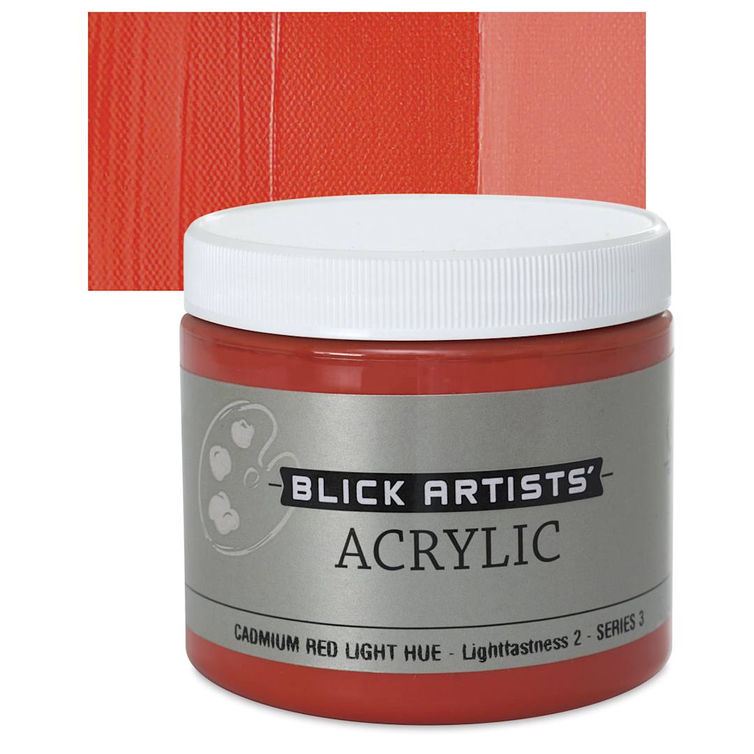Open in modal - Blick Artists' Acrylic - Cadmium Red Light Hue, 16 oz jar and swatch