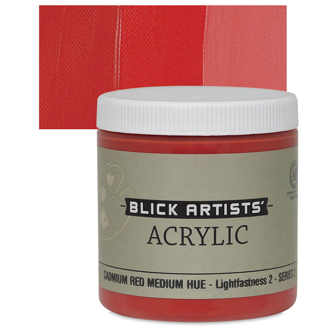 Open in modal - Blick Artists' Acrylic - Cadmium Red Medium Hue, 8 oz jar and swatch