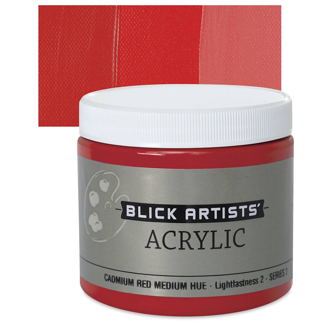 Open in modal - Blick Artists' Acrylic - Cadmium Red Medium Hue, 16 oz jar and swatch