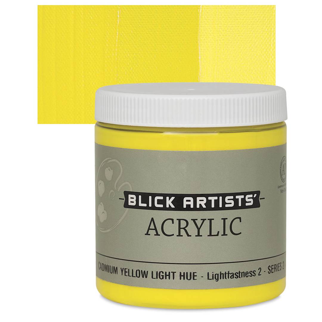 Open in modal - Blick Artists' Acrylic - Cadmium Yellow Light Hue, 8 oz jar and swatch