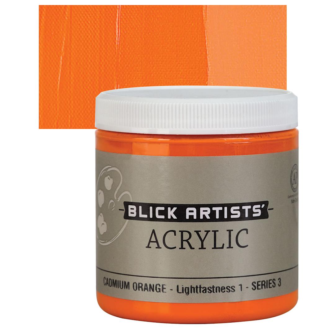 Open in modal - Blick Artists' Acrylic - Cadmium Orange, 8 oz jar and swatch