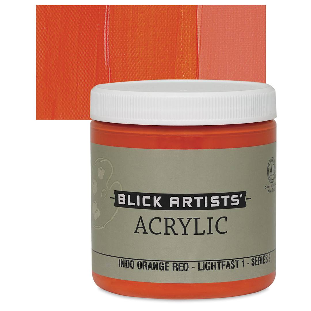 Open in modal - Blick Artists' Acrylic - Indo Orange Red, 8 oz jar and swatch
