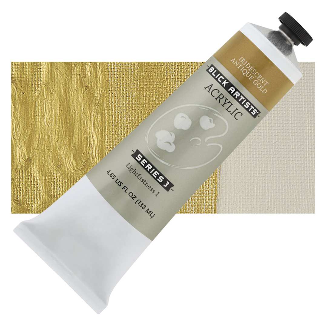 Open in modal - Blick Artists' Acrylic - Iridescent Antique Gold, 4.65 oz tube and swatch