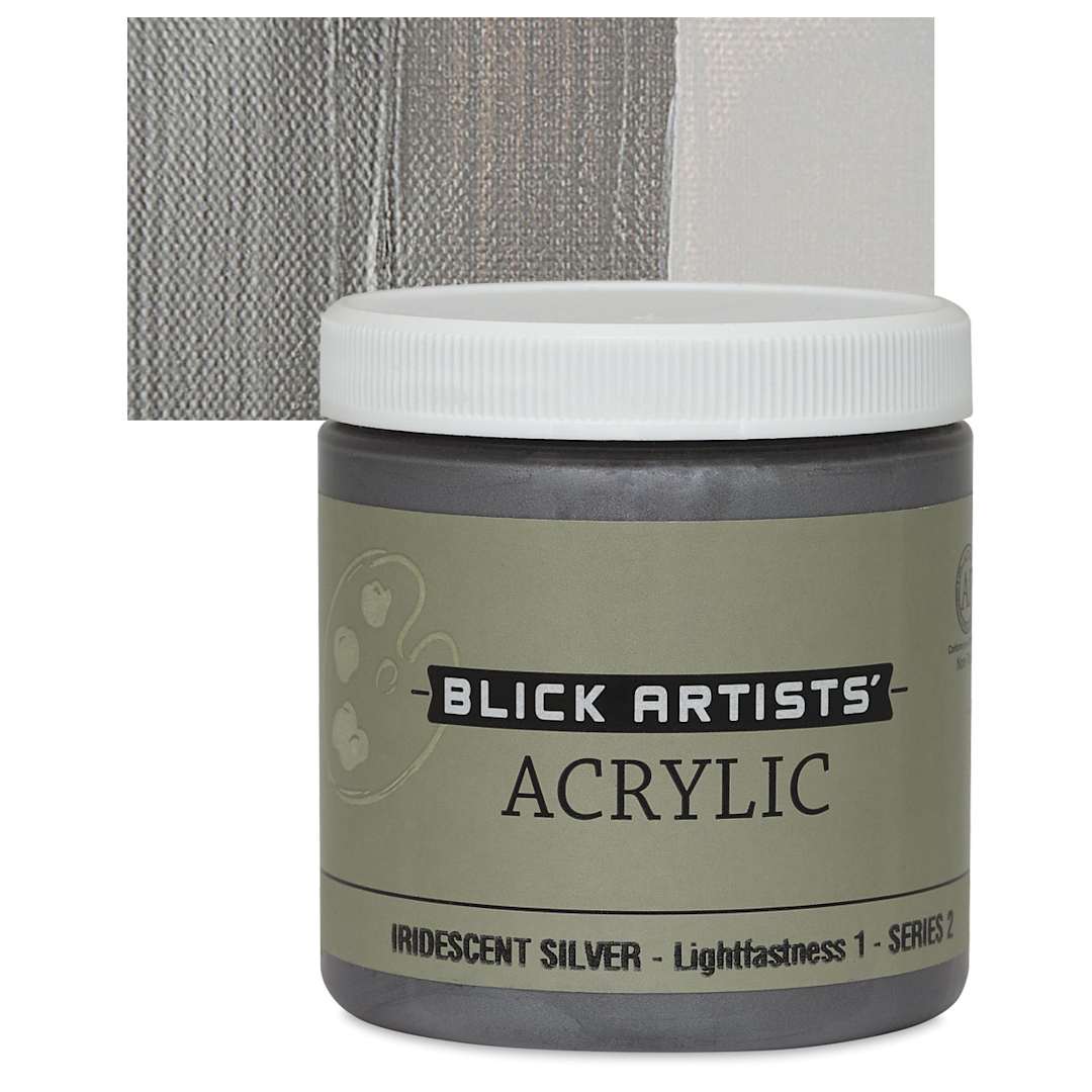 Open in modal - Blick Artists' Acrylic - Iridescent Silver, 8 oz jar and swatch