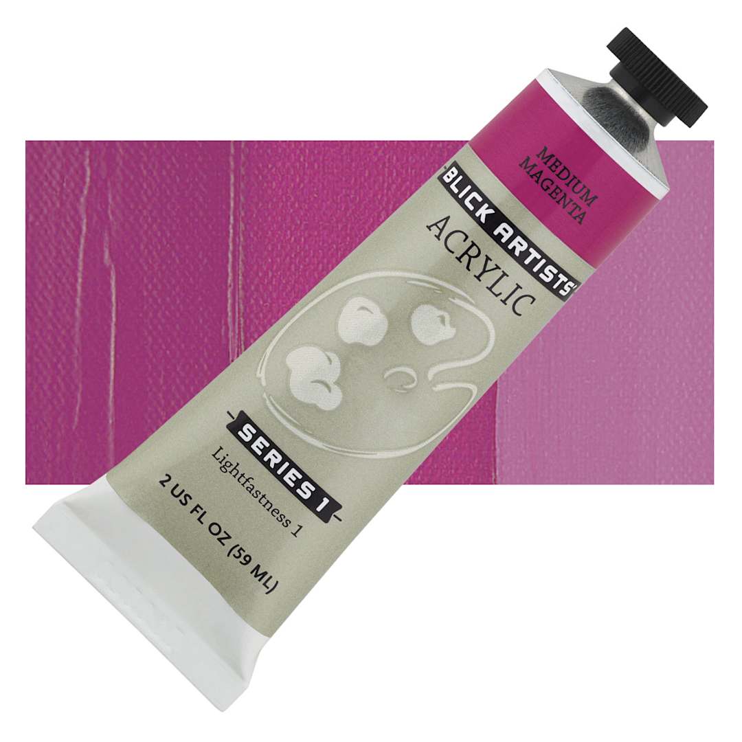 Open in modal - Blick Artists' Acrylic - Medium Magenta, 2 oz tube and swatch