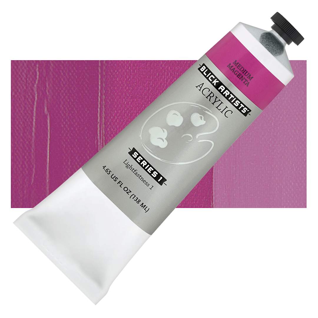 Open in modal - Blick Artists' Acrylic - Medium Magenta, 4.65 oz tube and swatch
