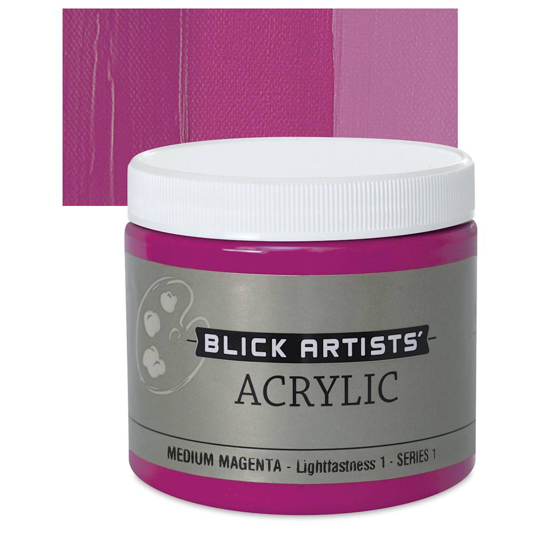 Open in modal - Blick Artists' Acrylic - Medium Magenta, 16 oz jar and swatch