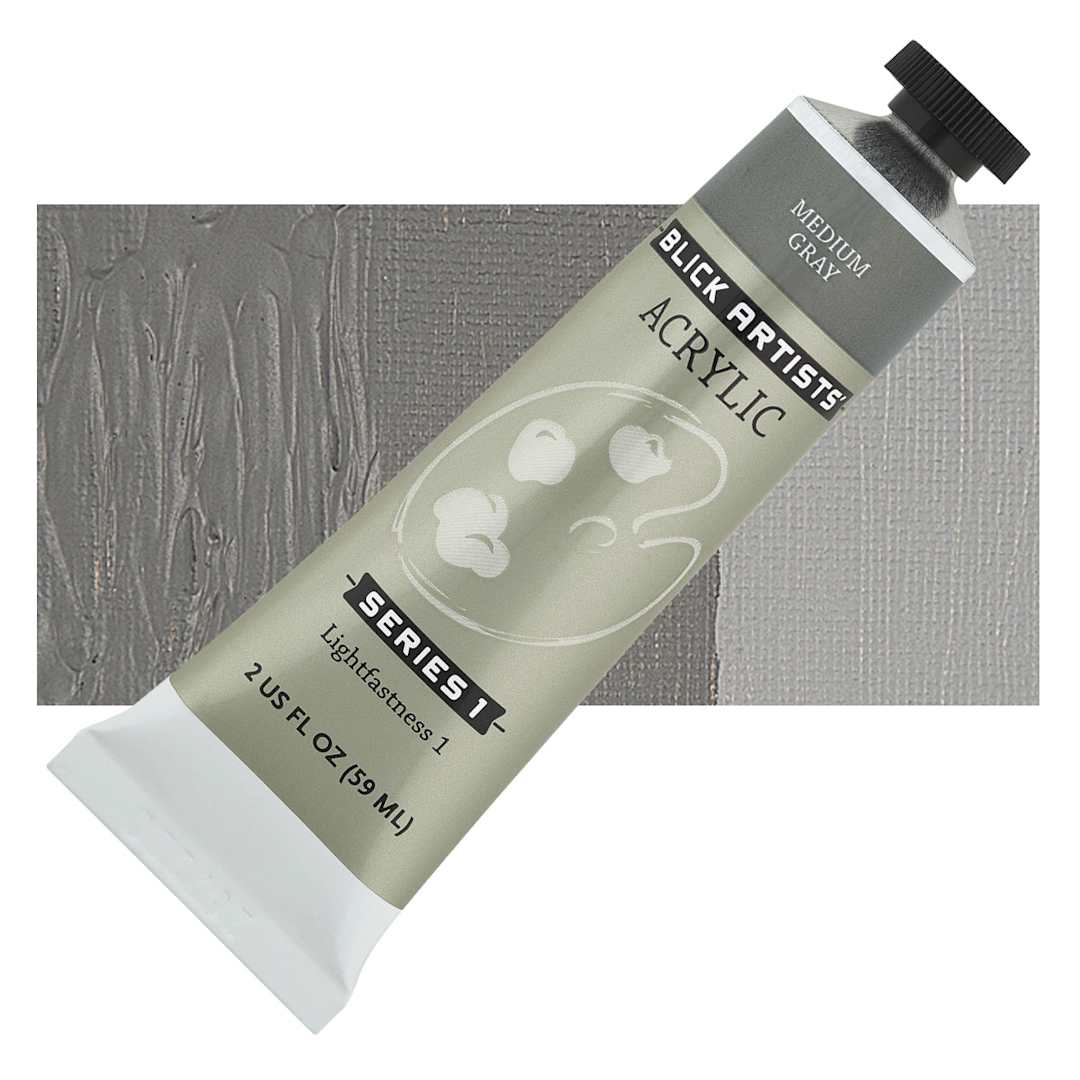 Open in modal - Blick Artists' Acrylic - Medium Gray, 2 oz tube and swatch