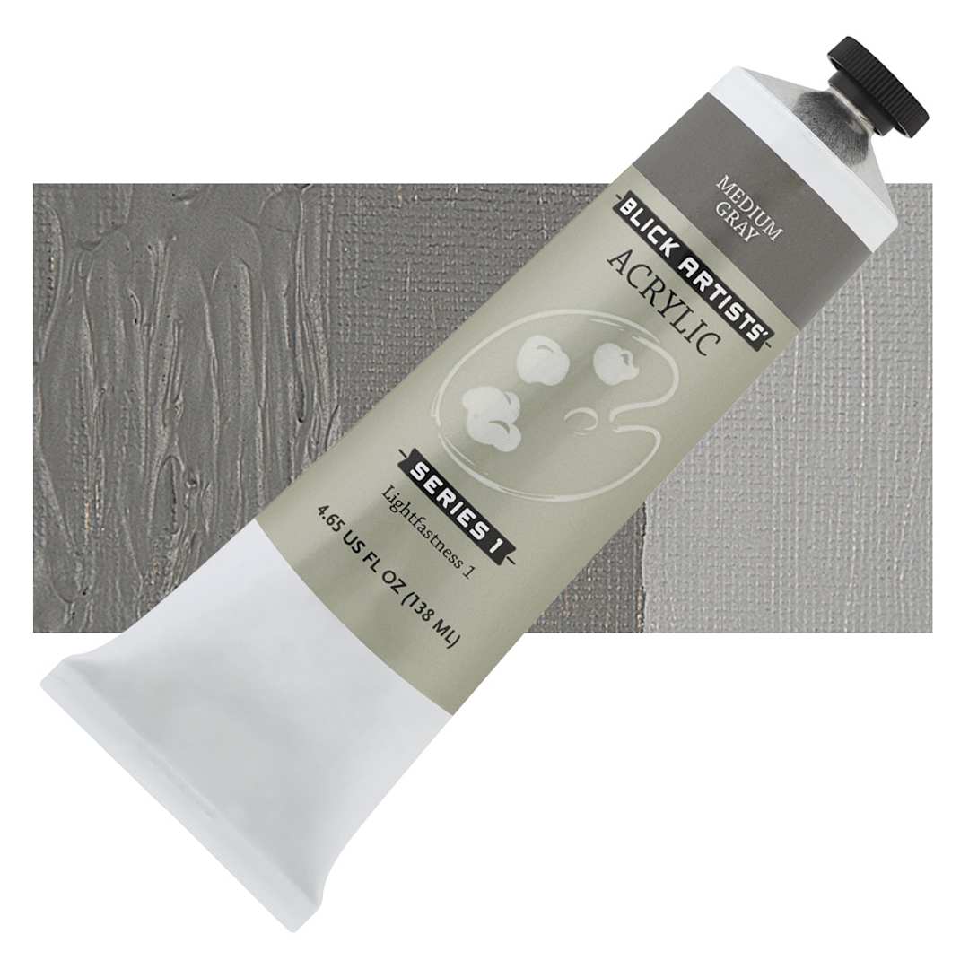 Open in modal - Blick Artists' Acrylic - Medium Gray, 4.65 oz tube and swatch