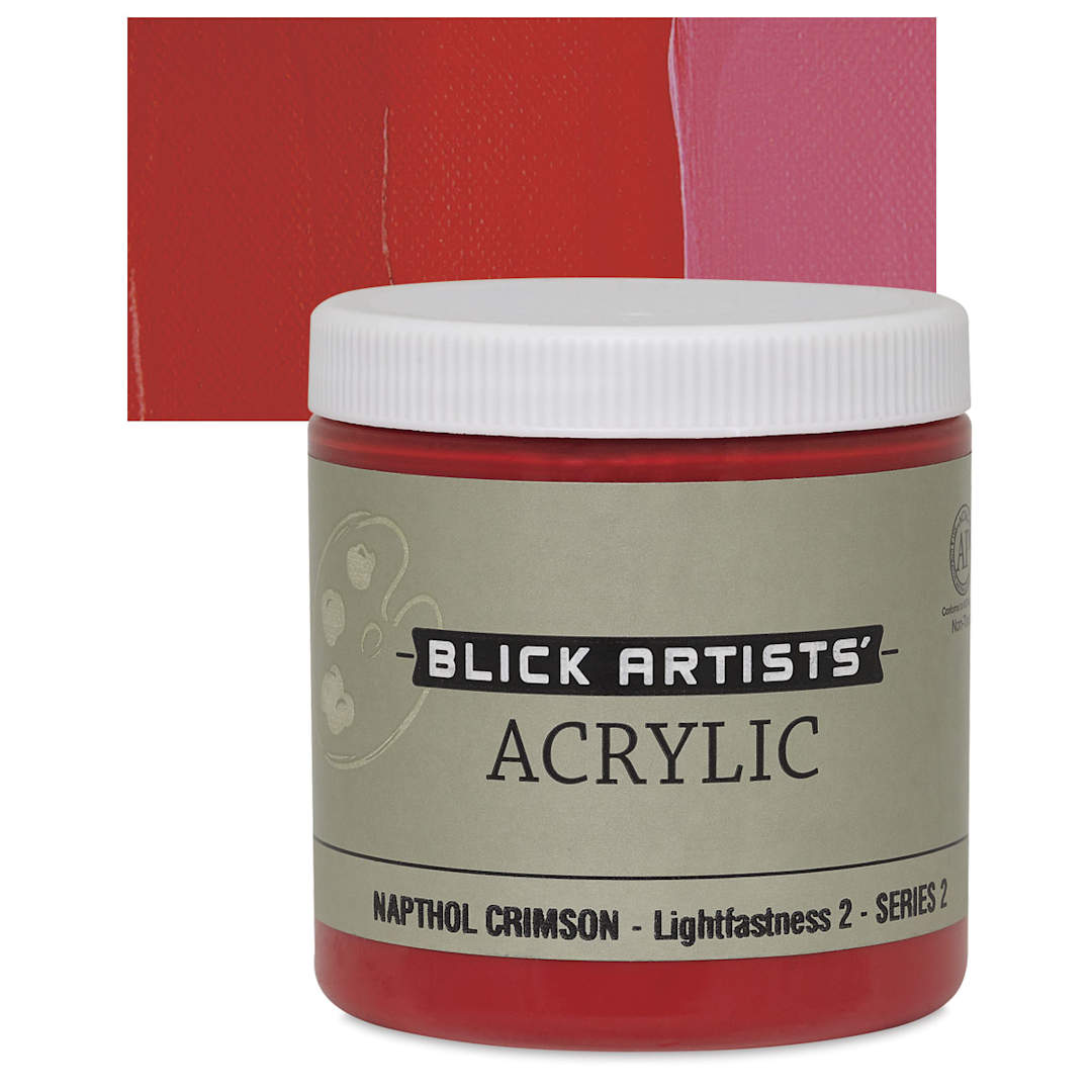 Open in modal - Blick Artists' Acrylic - Naphthol Crimson, 8 oz jar and swatch
