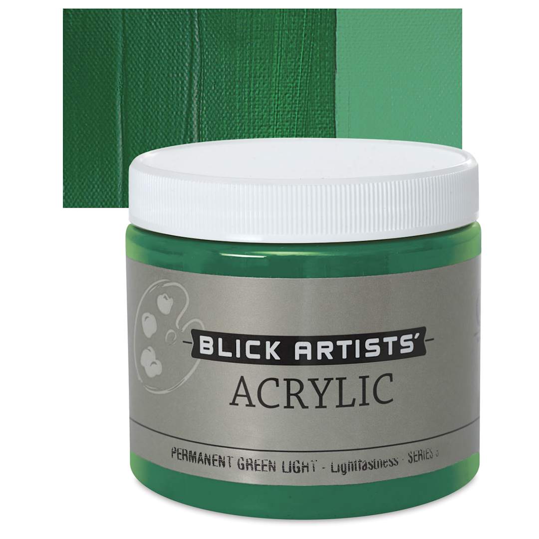 Open in modal - Blick Artists' Acrylic - Permanent Green Light, 16 oz jar and swatch