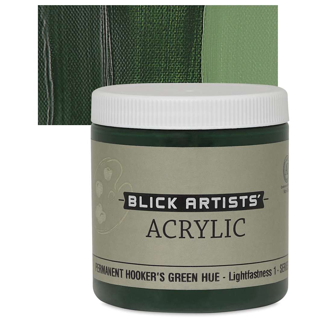 Open in modal - Blick Artists' Acrylic - Permanent Hooker's Green Hue, 8 oz jar and swatch