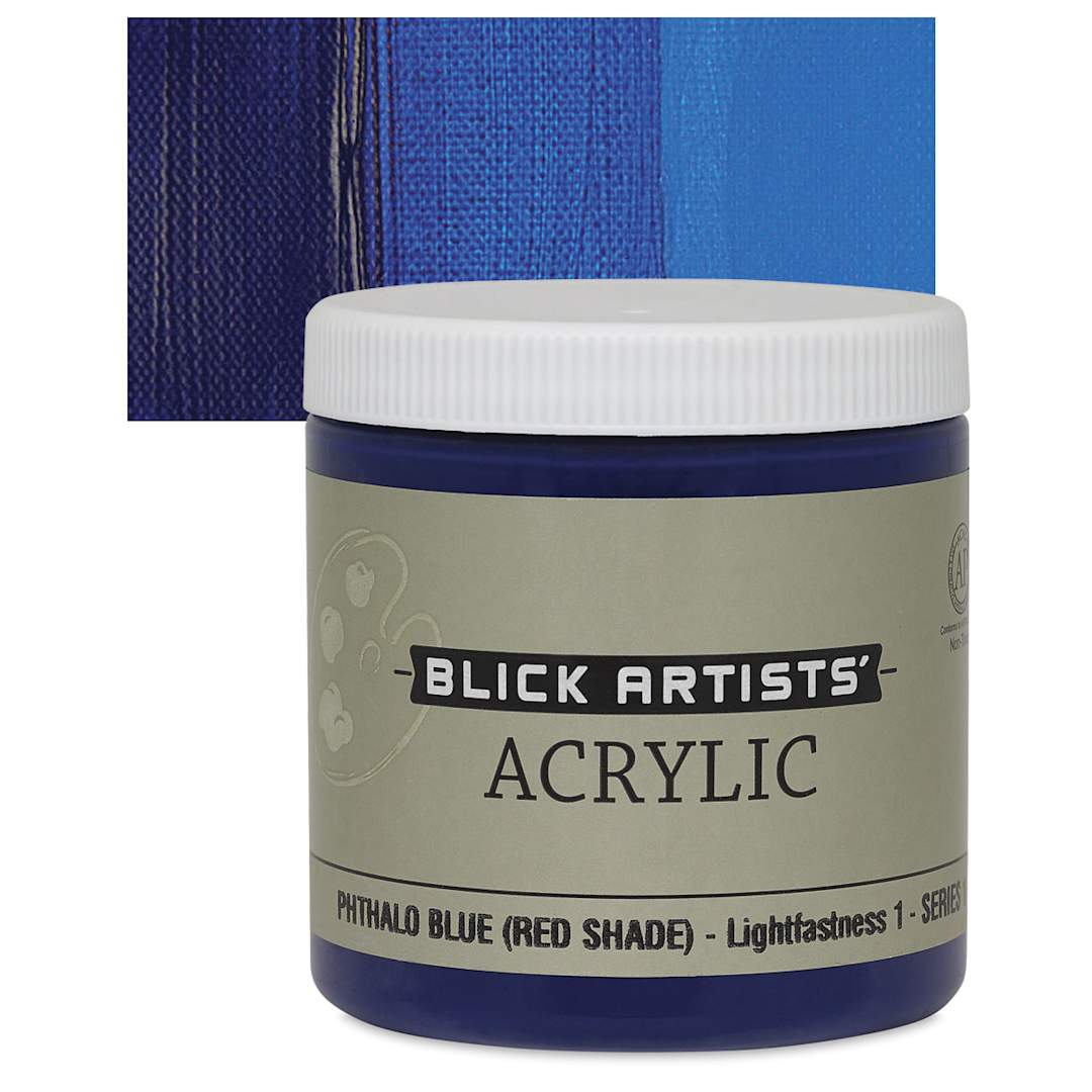 Open in modal - Blick Artists' Acrylic - Phthalo Blue (Red Shade), 8 oz jar and swatch