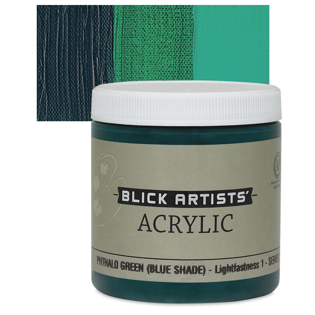 Open in modal - Blick Artists' Acrylic - Phthalo Green (Blue Shade), 8 oz jar and swatch