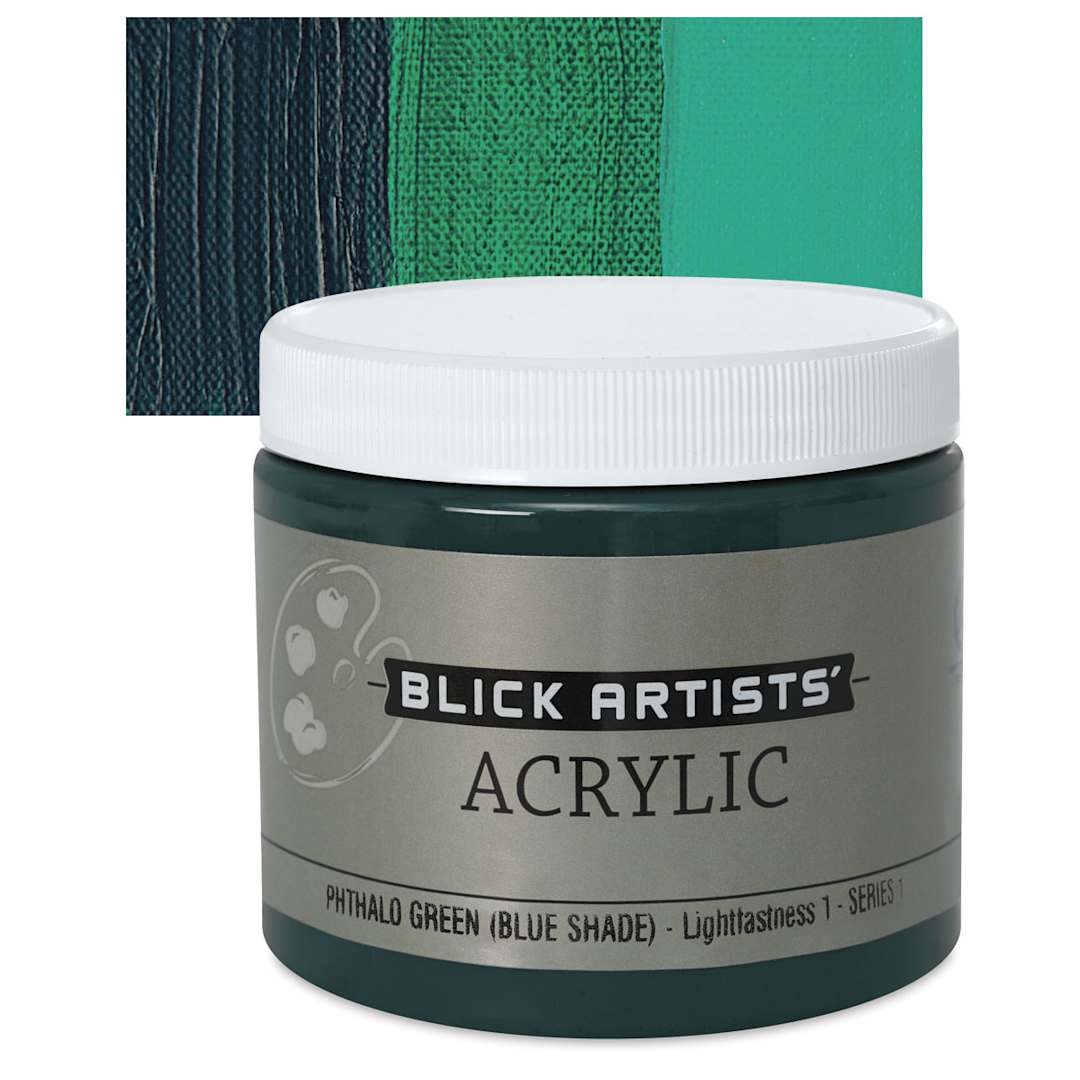 Open in modal - Blick Artists' Acrylic - Phthalo Green (Blue Shade), 16 oz jar and swatch